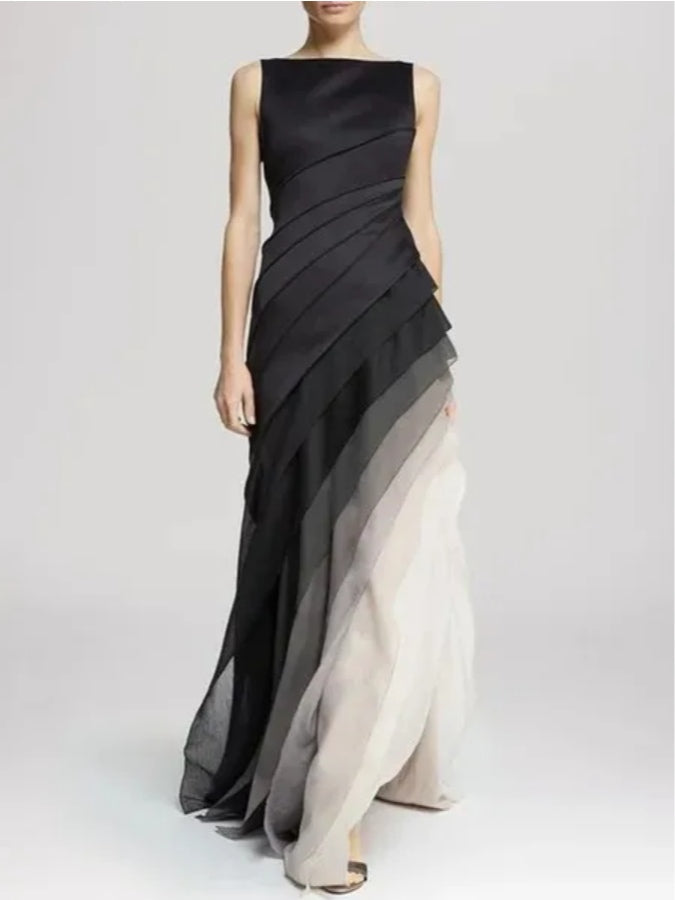 Black High Waist Tulle SleeGradientveless Maxi Dress Black