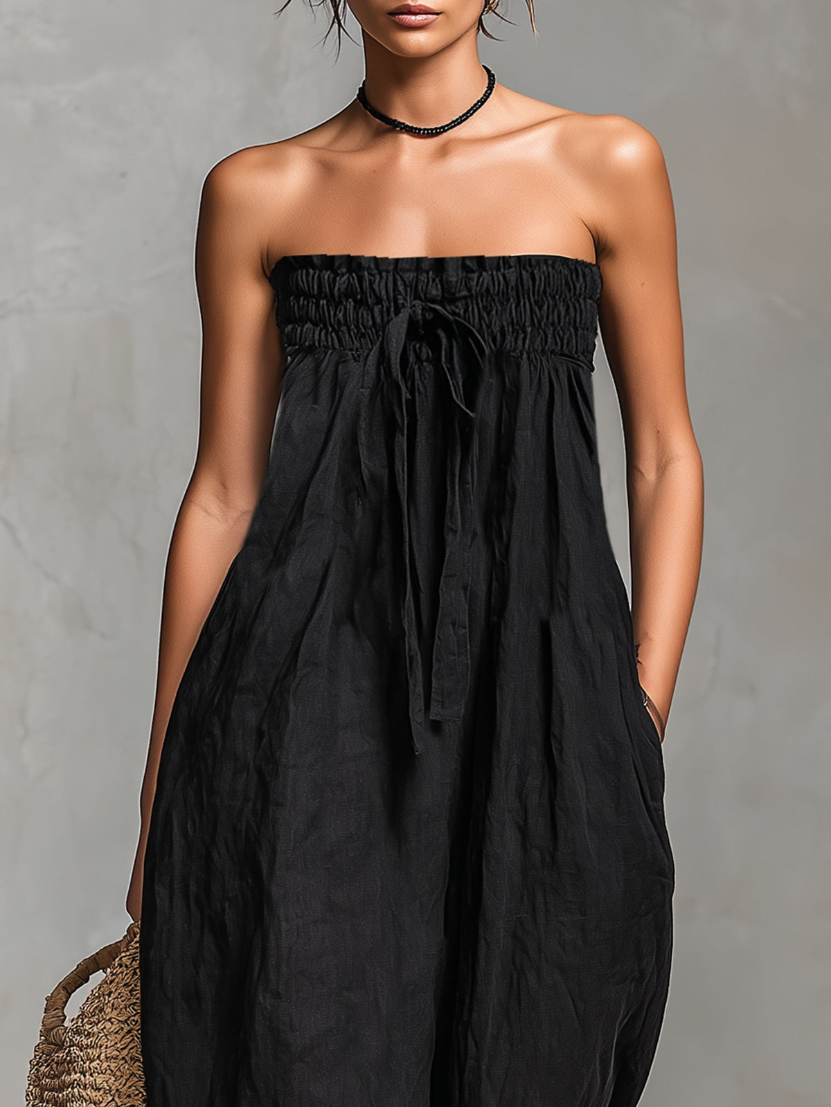 Strapless Smocked Drawstring Wide Leg Jumpsuit