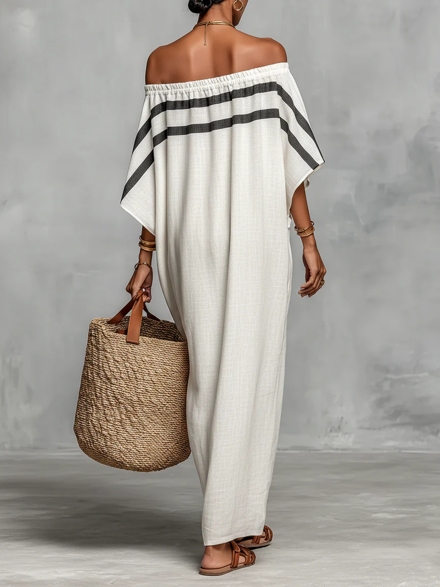 Striped Off Shoulder Batwing Sleeve Kaftan Maxi Dress