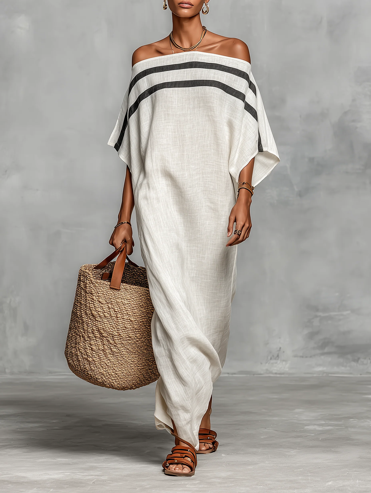 Striped Off Shoulder Batwing Sleeve Oversized Maxi Dress