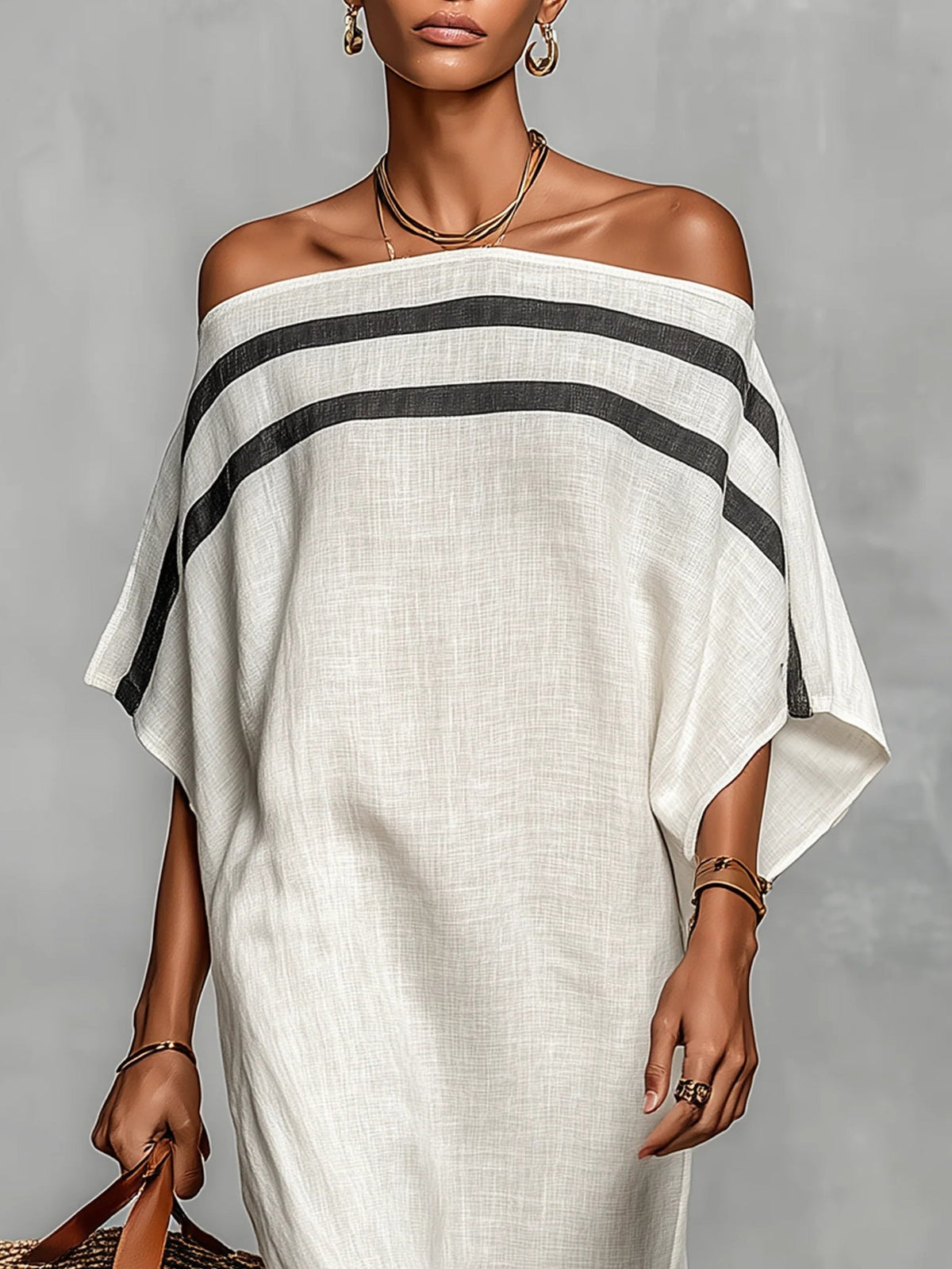 Striped Off Shoulder Batwing Sleeve Oversized Maxi Dress