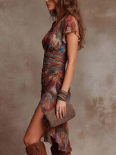 Deep V-Neck Short Sleeve Ruched High Split Midi Dress 2