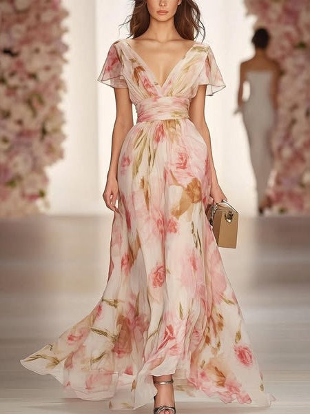 Floral Print V-neck Short-sleeved Waist Casual Maxi Dress Pink