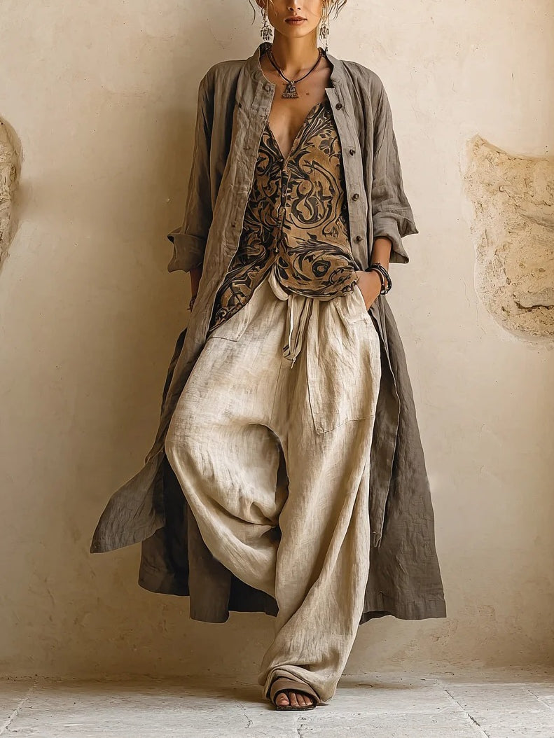 Linen Look Duster Printed Vest and Wide Leg Pants Three Piece Set