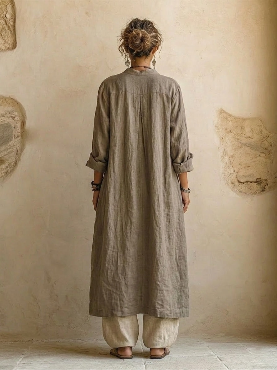 Linen Look Duster Coat Printed Top and Wide Leg Pants Set