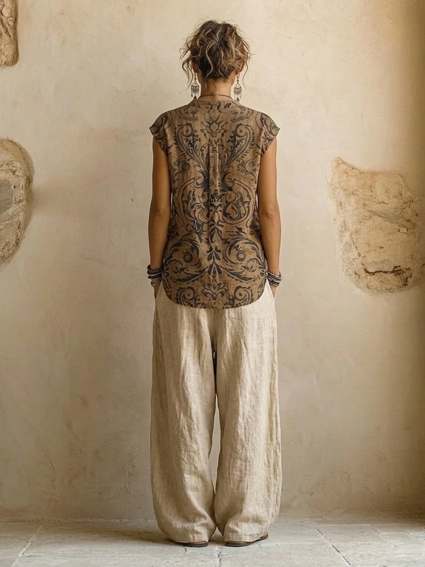 Linen Look Duster Coat Printed Top and Wide Leg Pants Set