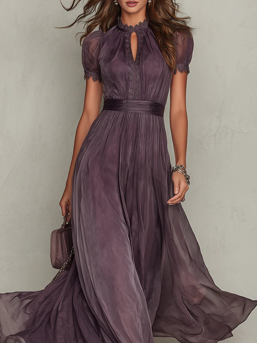 Chiffon Keyhole Puff Sleeve Lace Trim Maxi Gown 4