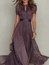 Chiffon Keyhole Puff Sleeve Lace Trim Maxi Gown 4