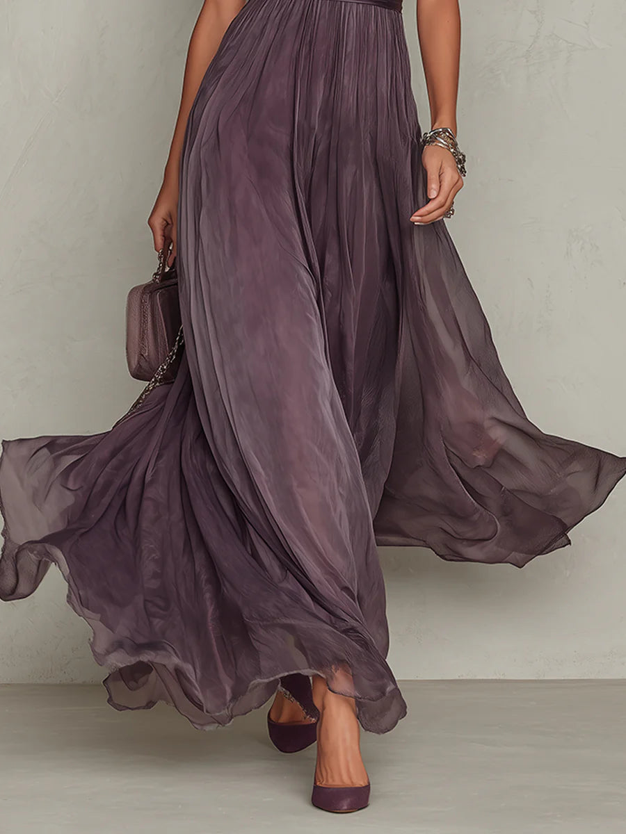 Chiffon Keyhole Puff Sleeve Lace Trim Maxi Gown 5