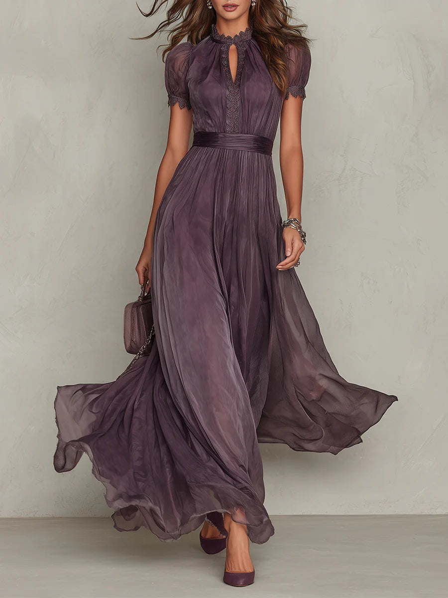 Chiffon Keyhole Puff Sleeve Lace Trim Maxi Gown