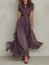 Chiffon Keyhole Puff Sleeve Lace Trim Maxi Gown