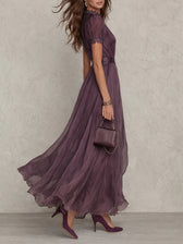 Chiffon Keyhole Puff Sleeve Lace Trim Maxi Gown 2