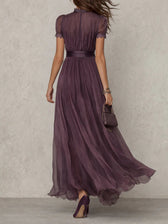 Chiffon Keyhole Puff Sleeve Lace Trim Maxi Gown 3