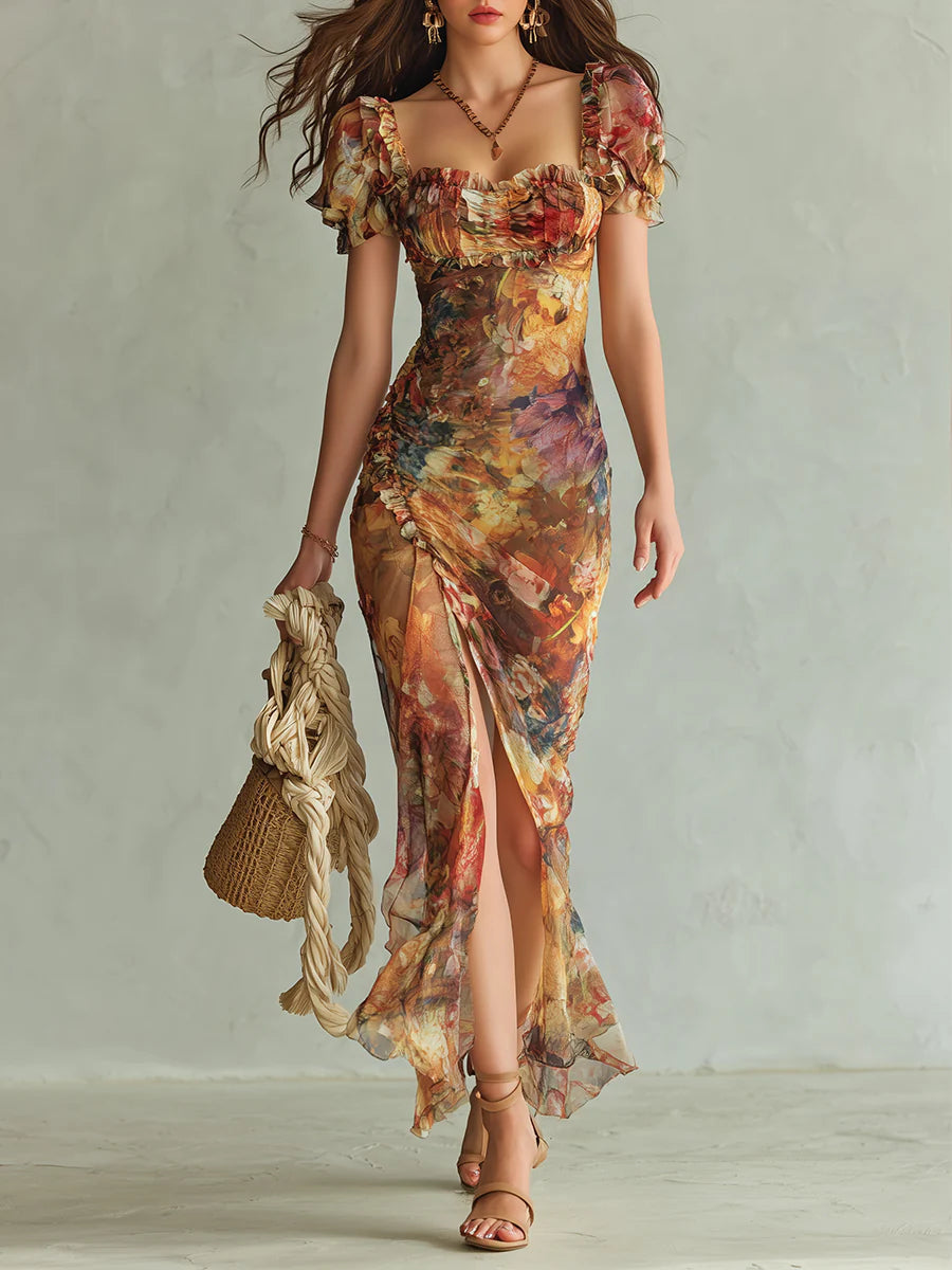 Floral Square Neck Puff Sleeve Ruched High Split Maxi Dress
