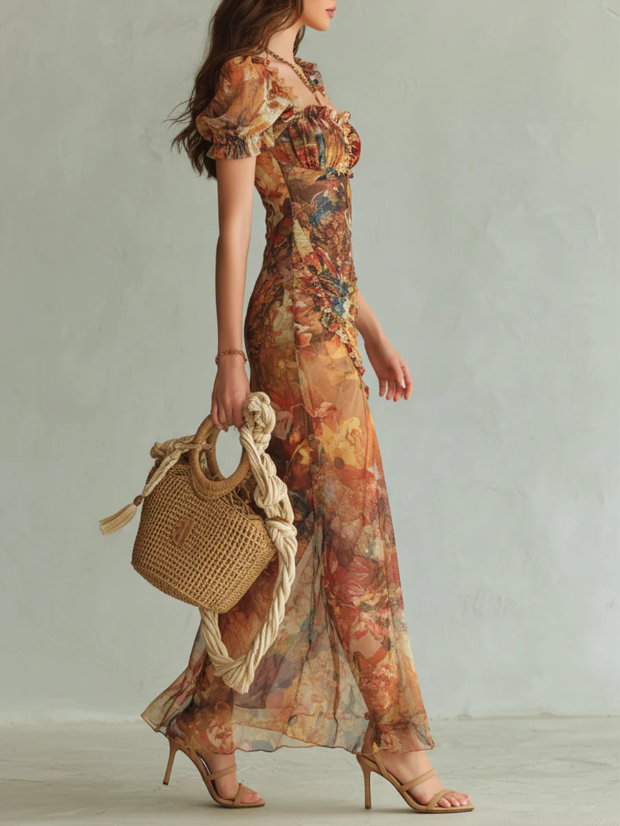 Floral Square Neck Puff Sleeve Ruched High Split Maxi Dress