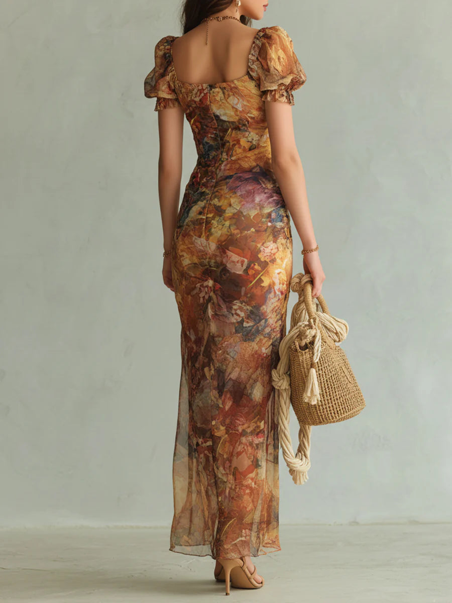 Floral Square Neck Puff Sleeve Ruched High Split Maxi Dress