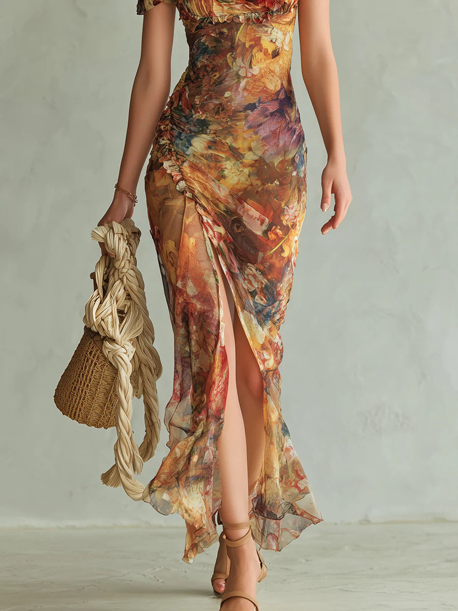 Floral Square Neck Puff Sleeve Ruched High Split Maxi Dress