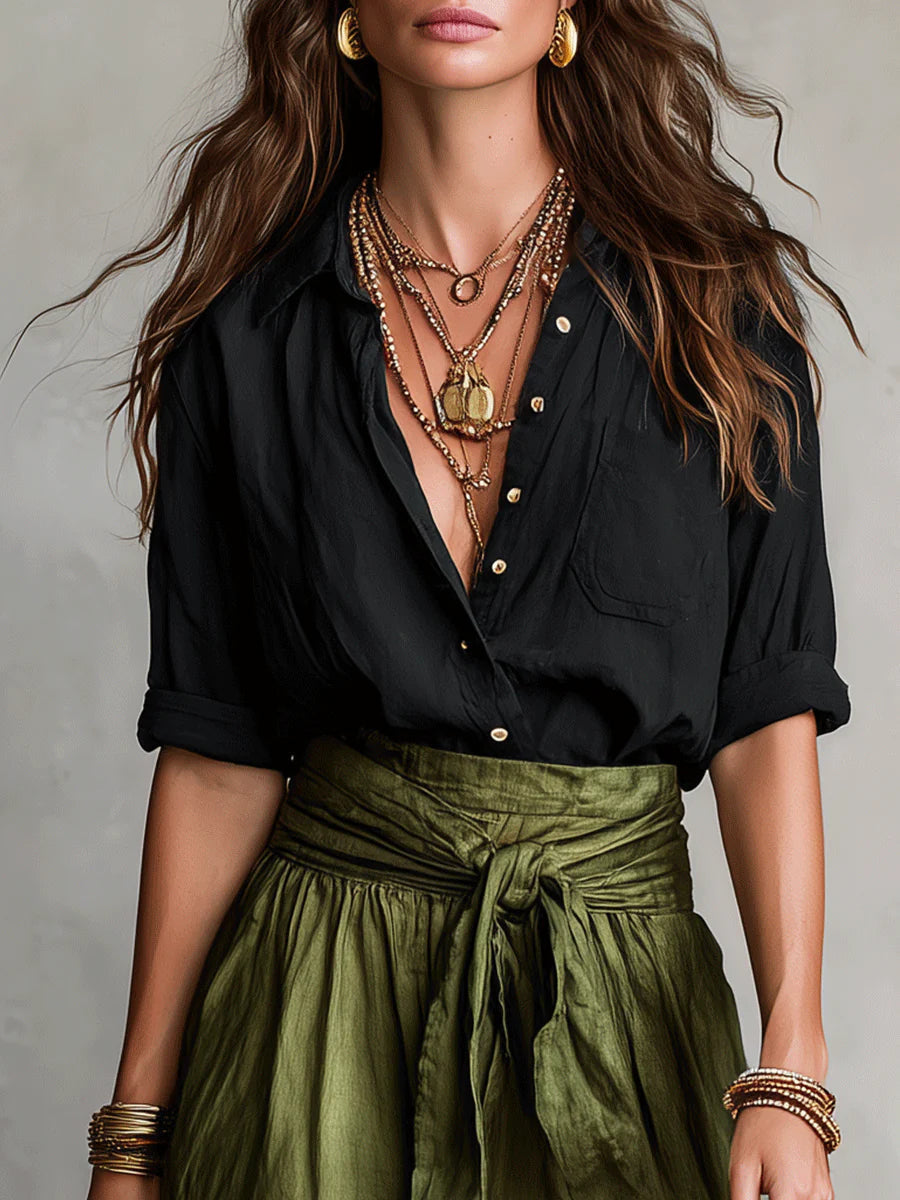 Button Front Shirt and Tie Waist Maxi Skirt Two Piece Set