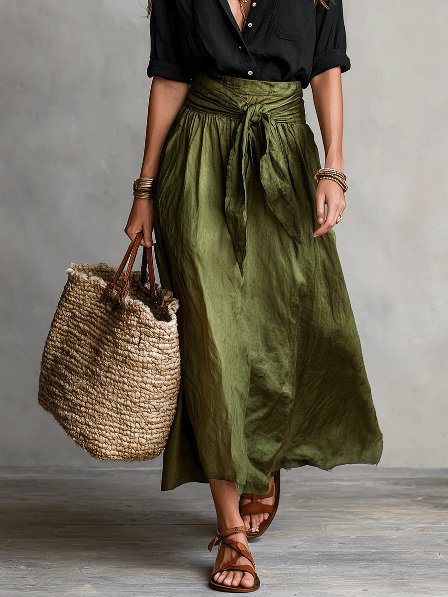 Button Front Shirt and Tie Waist Maxi Skirt Two Piece Set