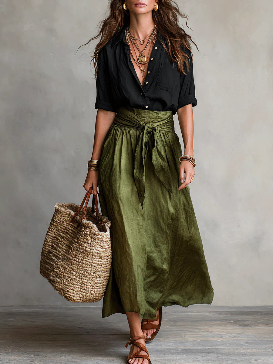 Button Front Shirt and Tie Waist Maxi Skirt Two Piece Set