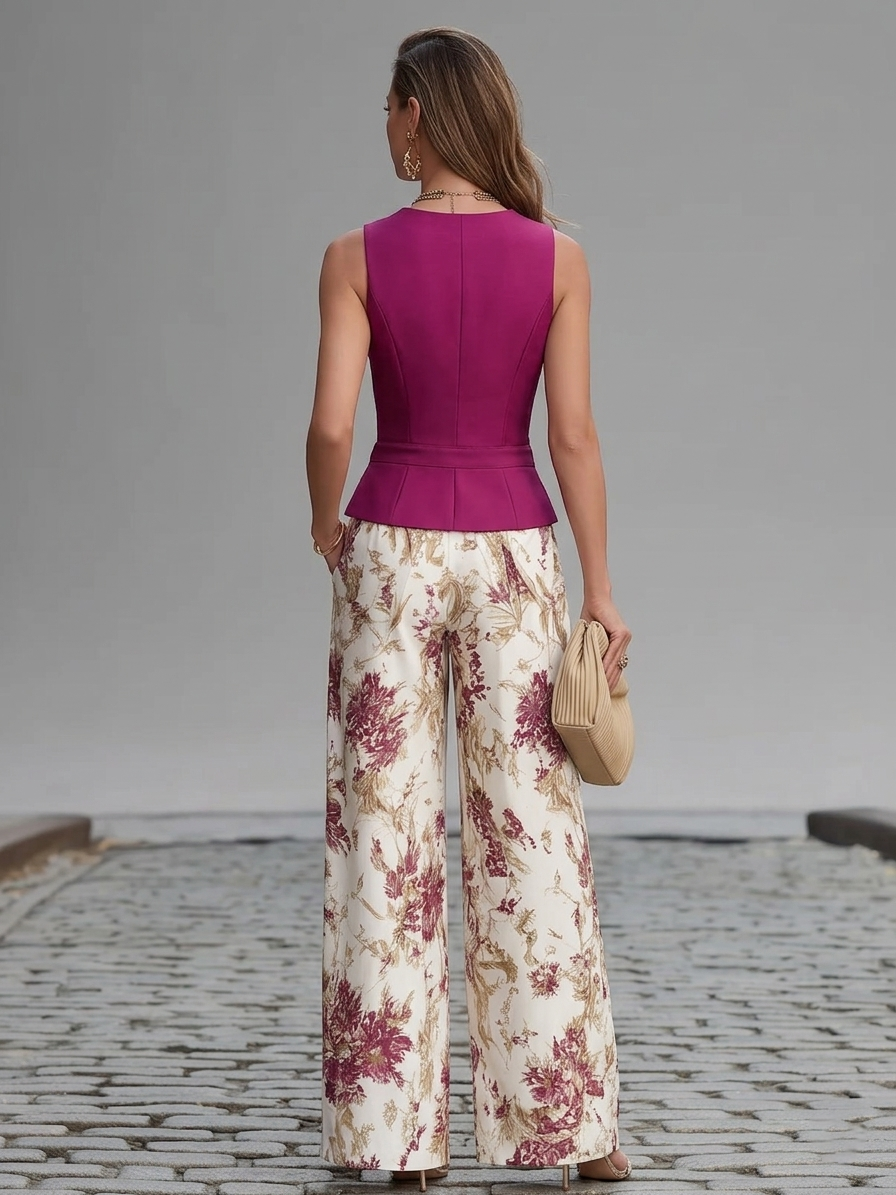 Sleeveless Button Front Vest and Floral Wide Leg Pants Two Piece Set