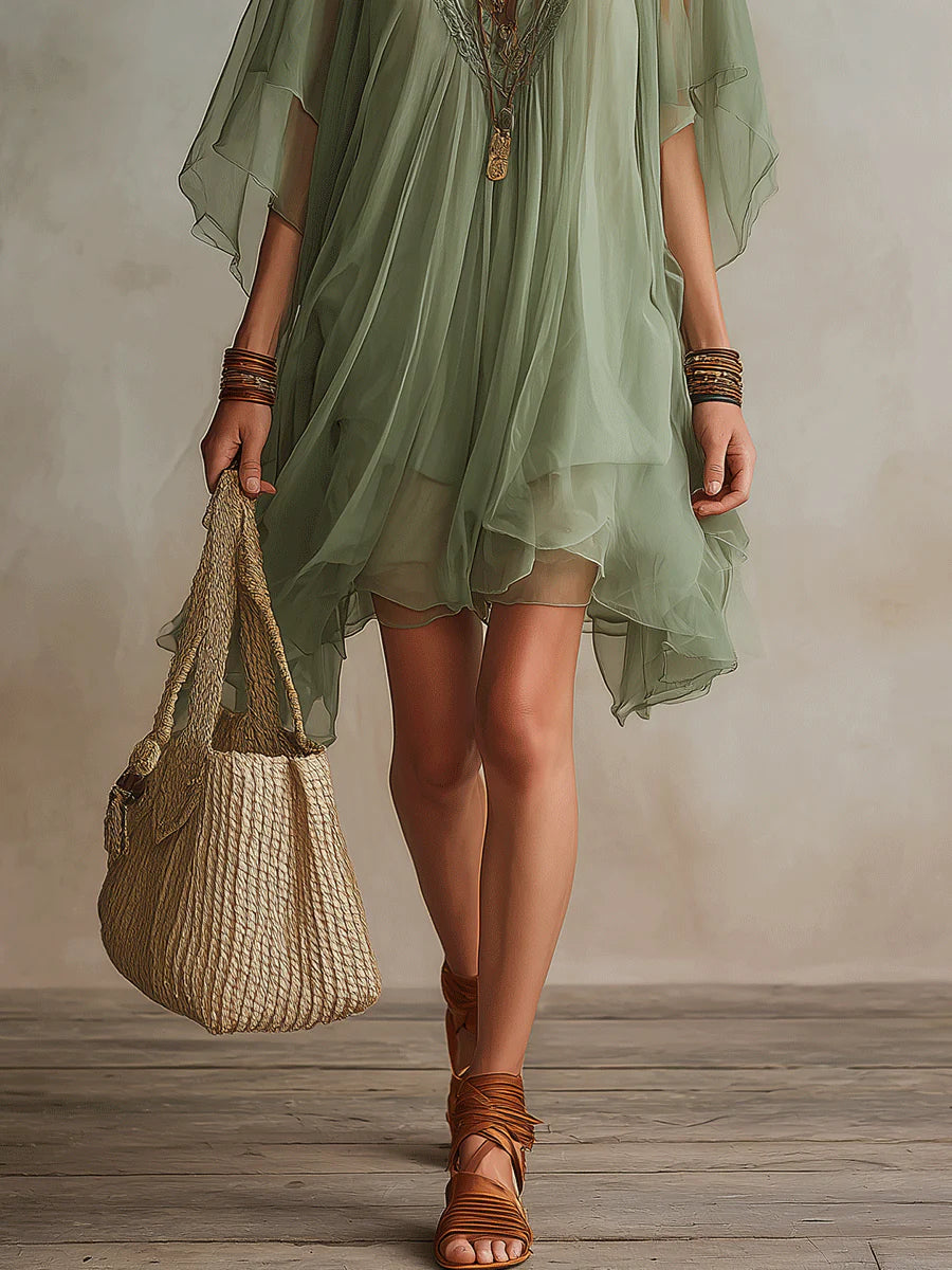 Deep V-Neck Batwing Sleeve Lace Trim Layered Chiffon Mini Dress