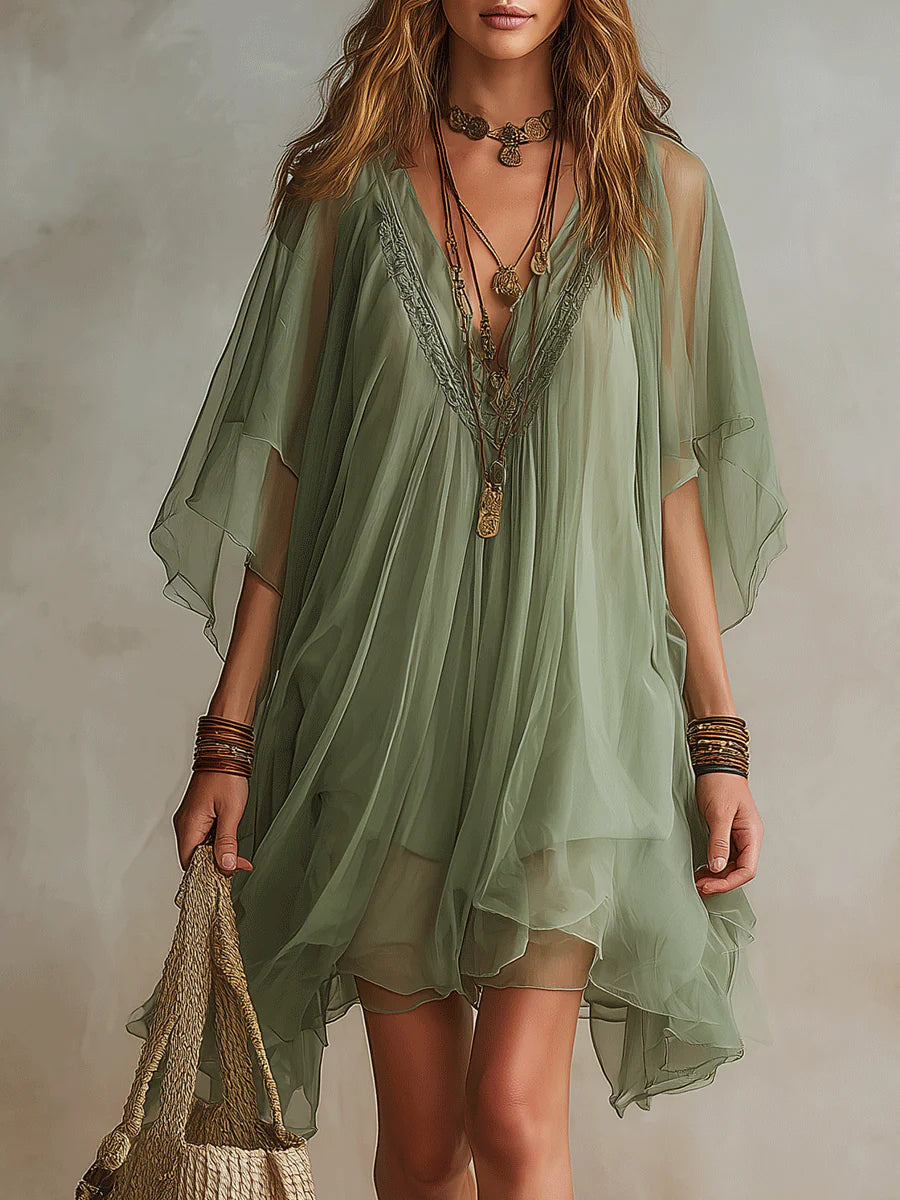 Deep V-Neck Batwing Sleeve Lace Trim Layered Chiffon Mini Dress