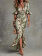 Floral Satin Deep V-Neck Ruched Mermaid Maxi Dress