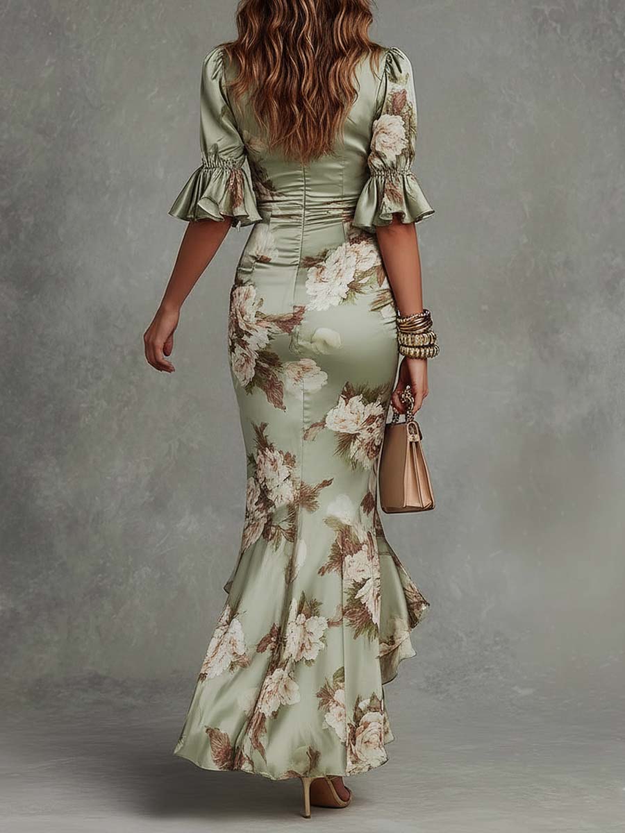 Floral Satin Deep V-Neck Ruched Mermaid Maxi Dress 5