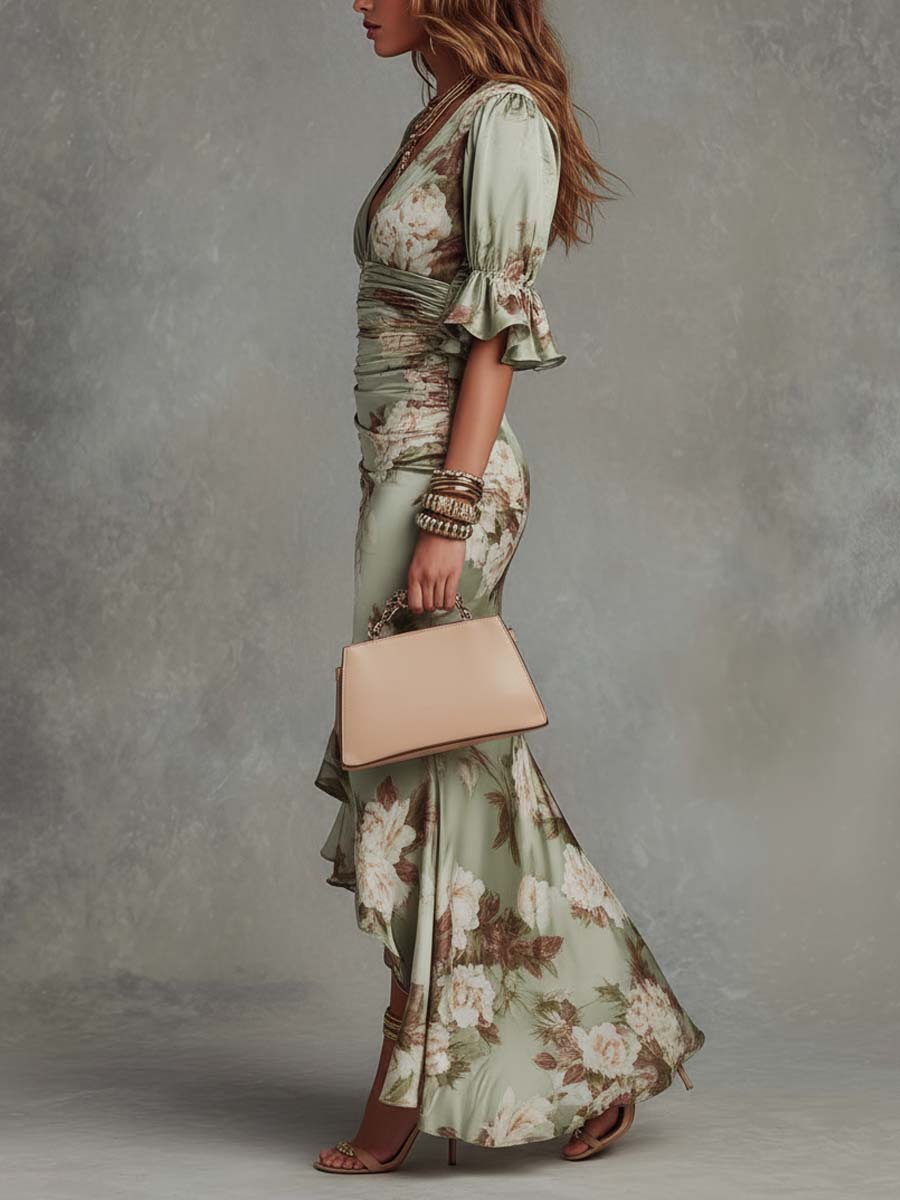 Floral Satin Deep V-Neck Ruched Mermaid Maxi Dress 4