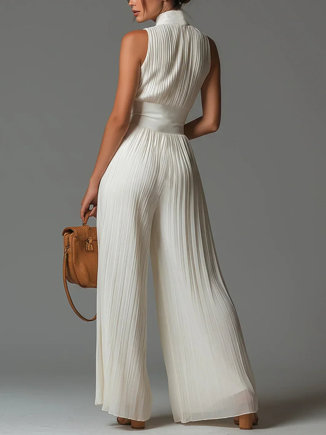 Sleeveless Deep V-Neck Zip Front Pleated Wide Leg Jumpsuit