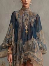 Baroque Print High Neck Long Sleeve Chiffon Mini Dress 4