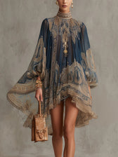 Baroque Print High Neck Long Sleeve Chiffon Mini Dress