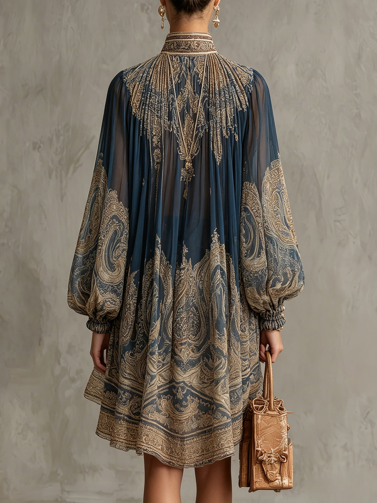 Baroque Print High Neck Long Sleeve Chiffon Mini Dress 2