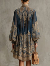 Baroque Print High Neck Long Sleeve Chiffon Mini Dress 2