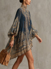 Baroque Print High Neck Long Sleeve Chiffon Mini Dress 3