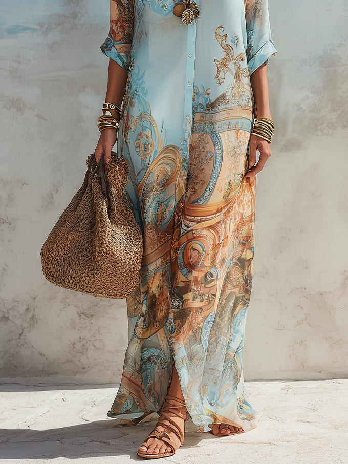 Paisley Print Button Front Long Sleeve Maxi Shirt Dress