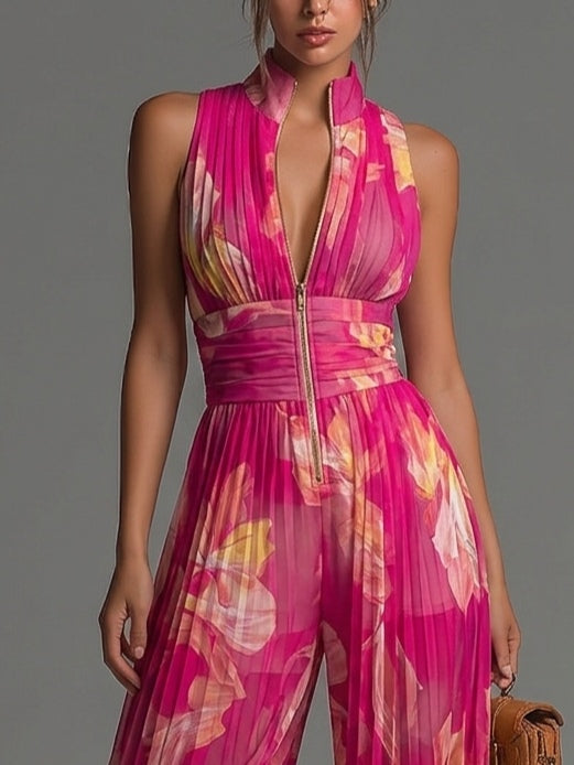 Sleeveless Zip Front Pleated Wide Leg Chiffon Jumpsuit