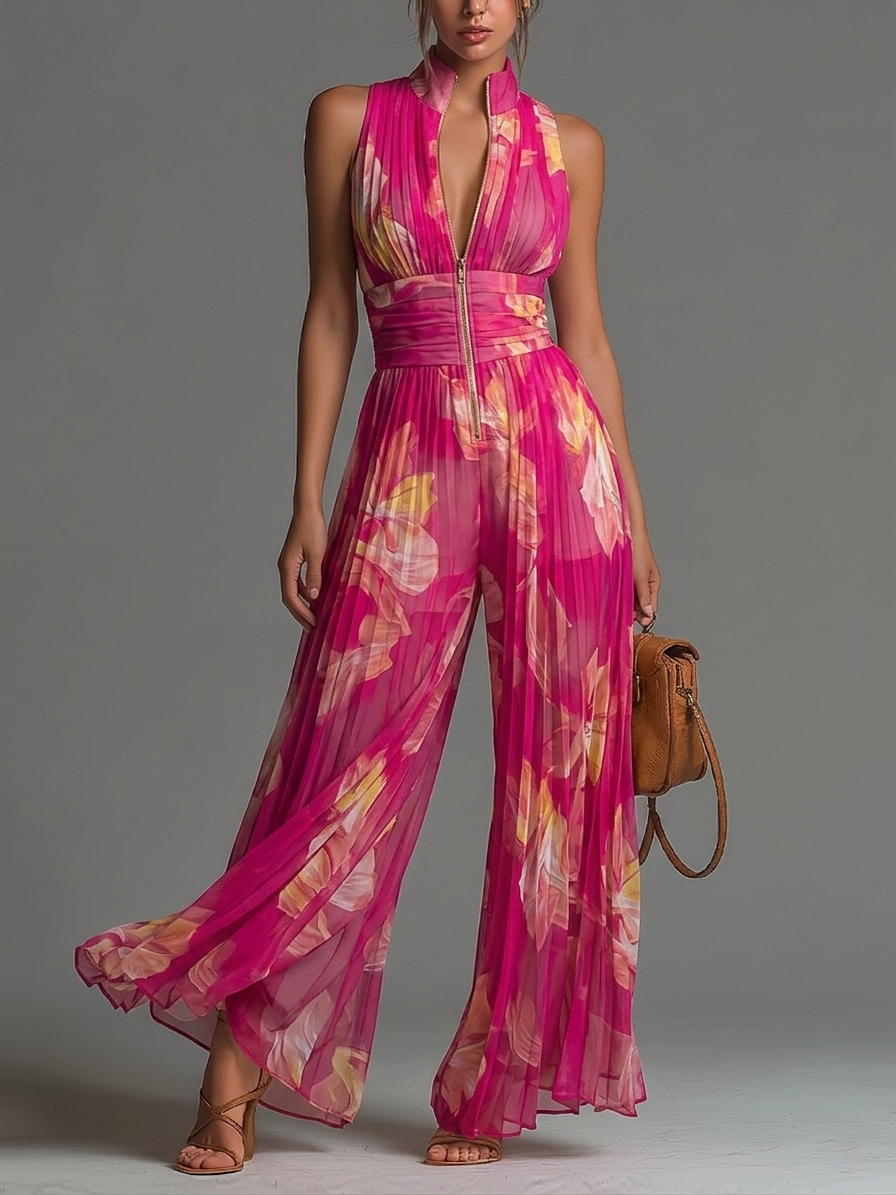 Sleeveless Zip Front Pleated Wide Leg Chiffon Jumpsuit