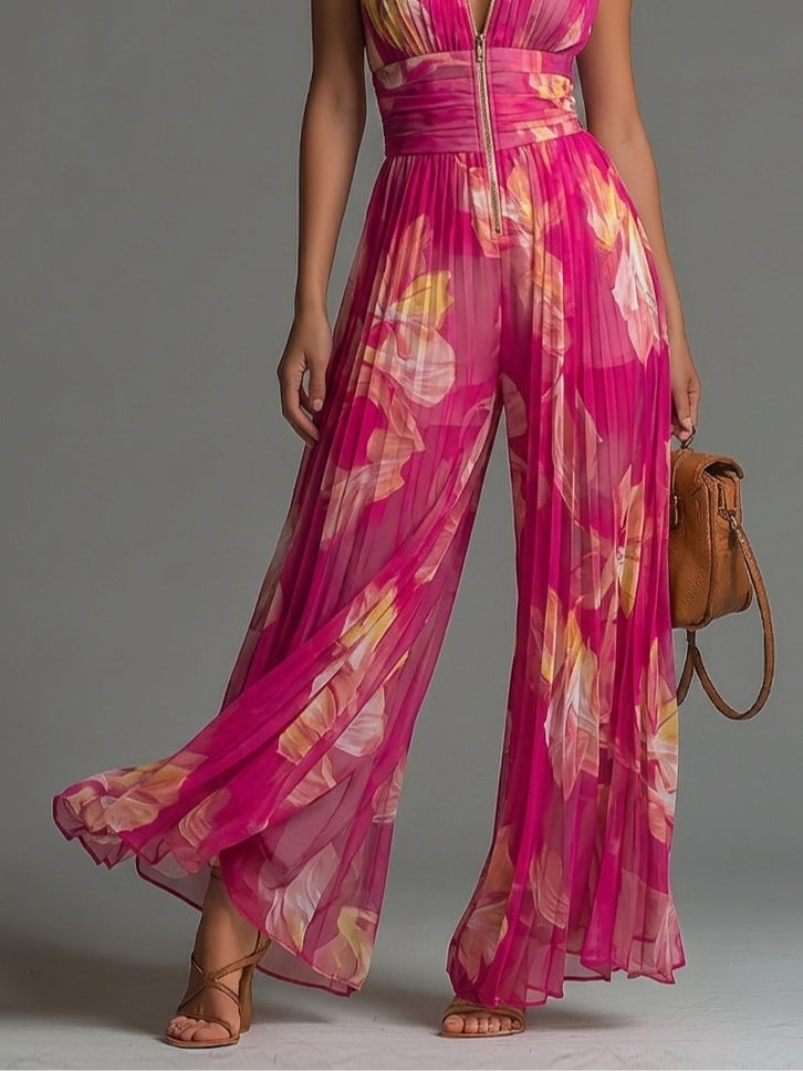 Sleeveless Zip Front Pleated Wide Leg Chiffon Jumpsuit