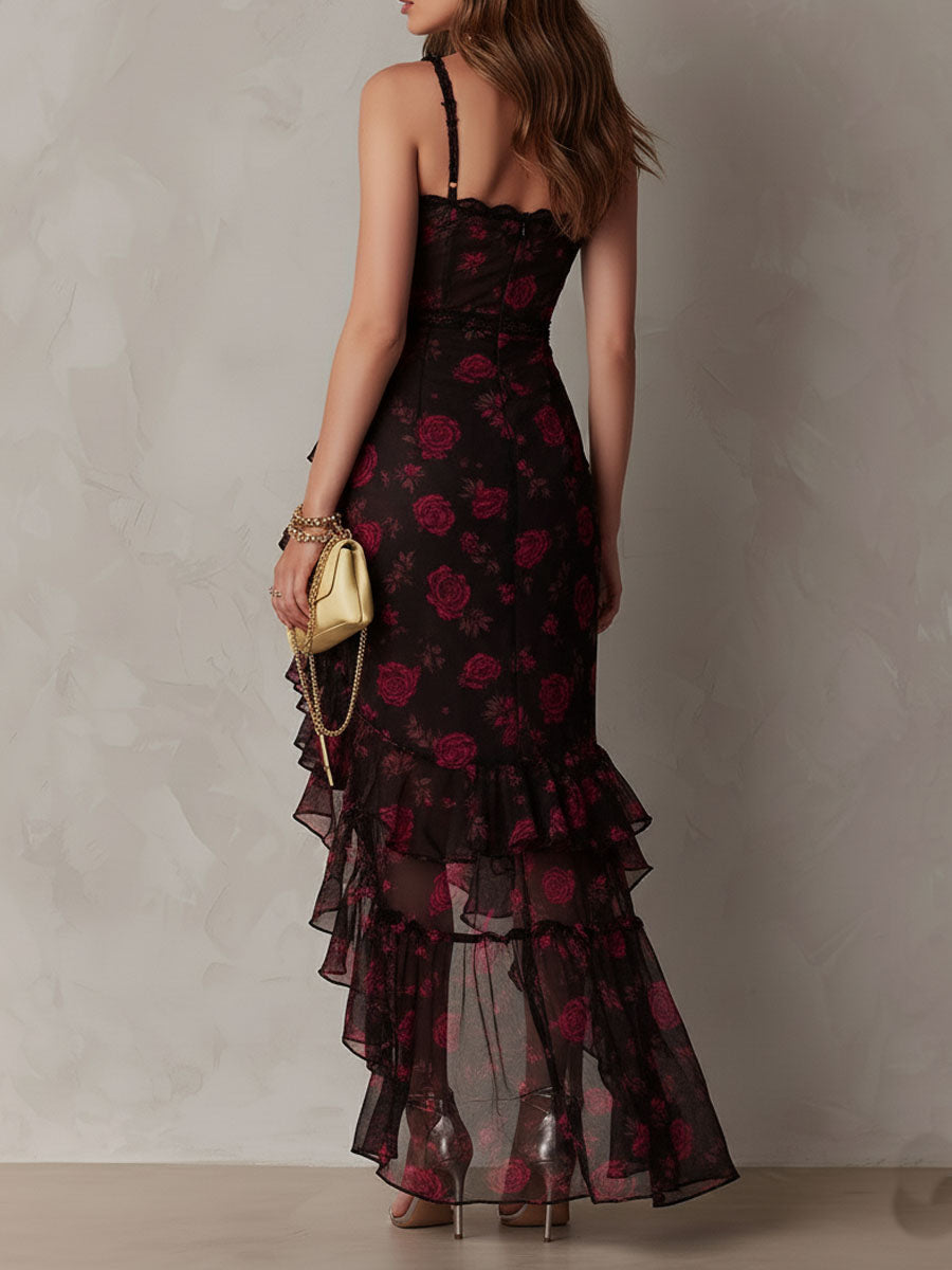 Rose Floral Sweetheart Ruffle High Split Maxi Dress