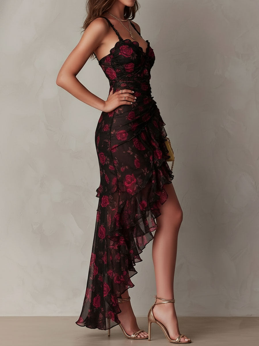 Rose Floral Sweetheart Ruffle High Split Maxi Dress