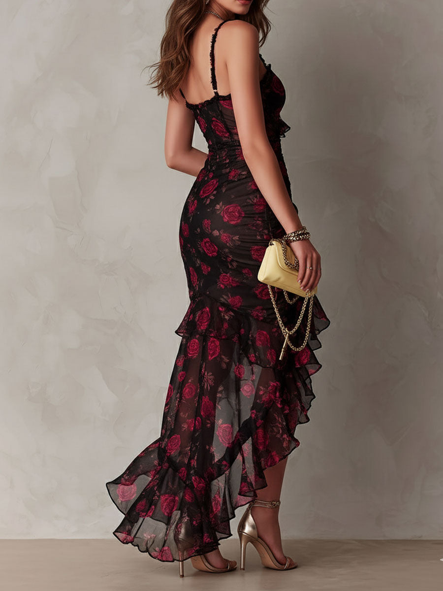 Rose Floral Sweetheart Ruffle High Split Maxi Dress