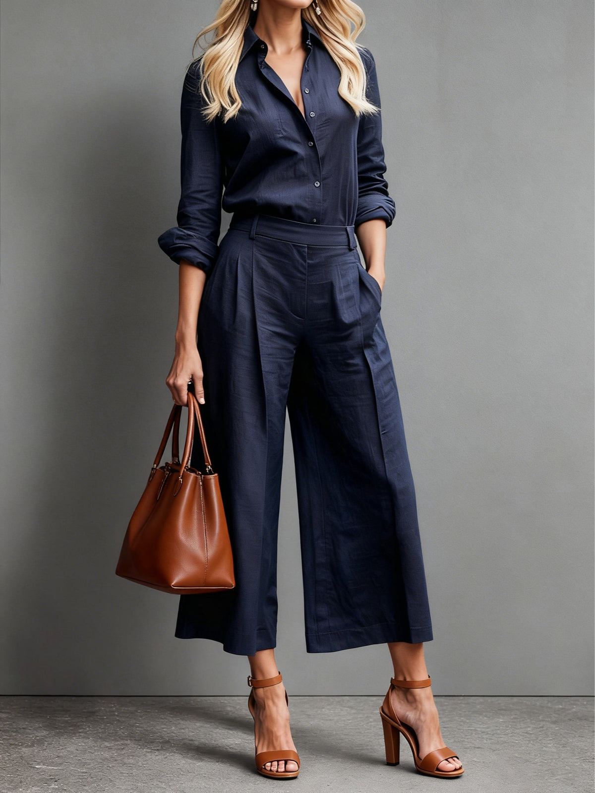 Button Front Shirt and Wide Leg Culotte Two Piece Set