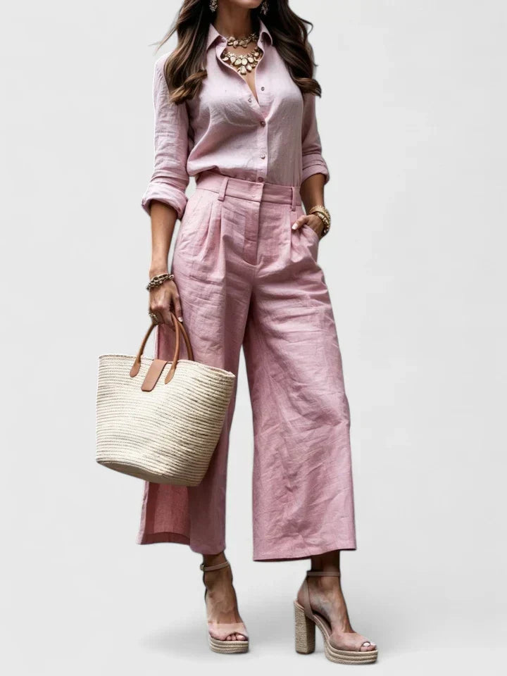 Long Sleeve Button Shirt and Wide Leg Pants Two Piece Set