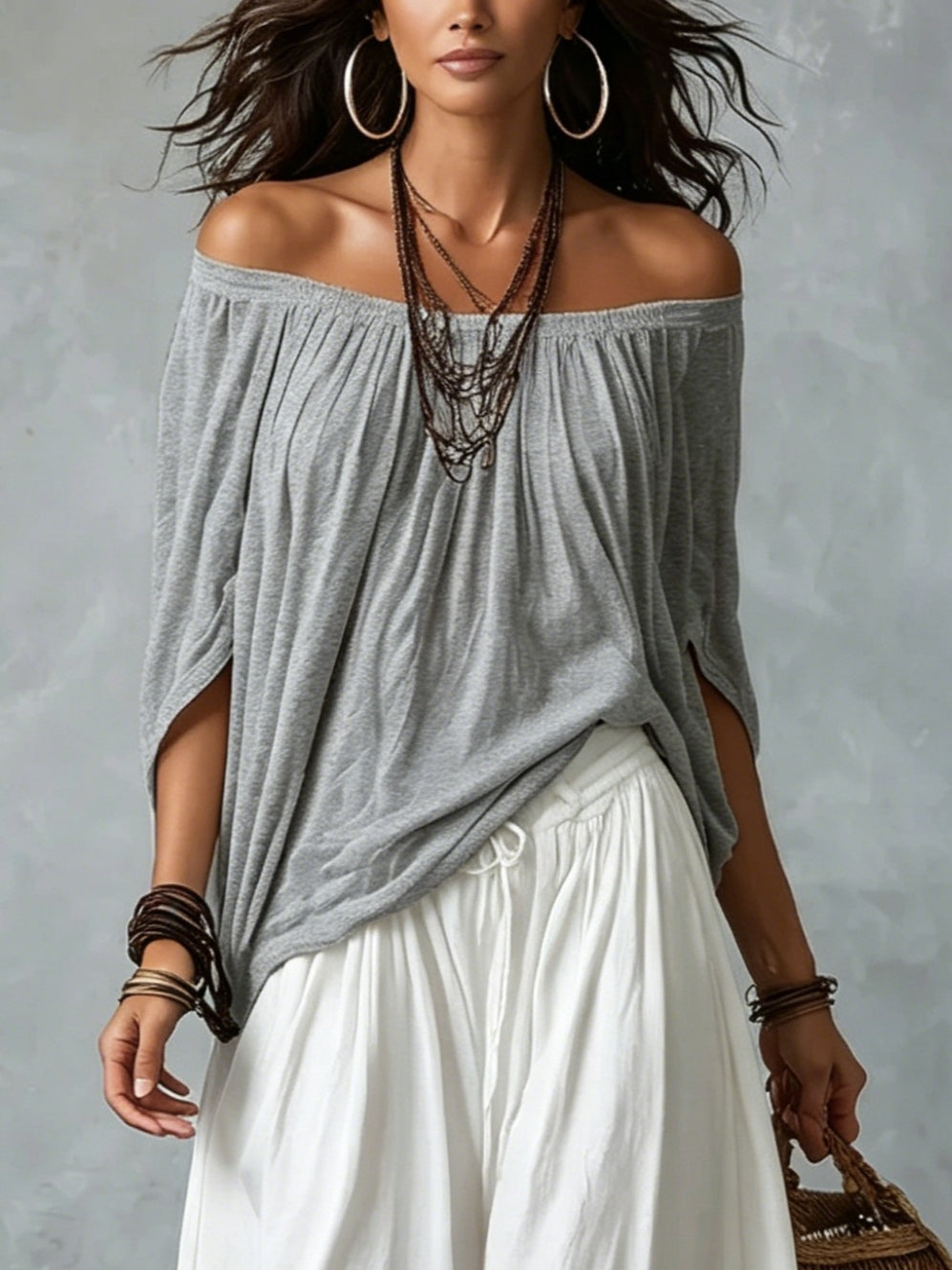 Off Shoulder Top and Wide Leg Pants Two Piece Set