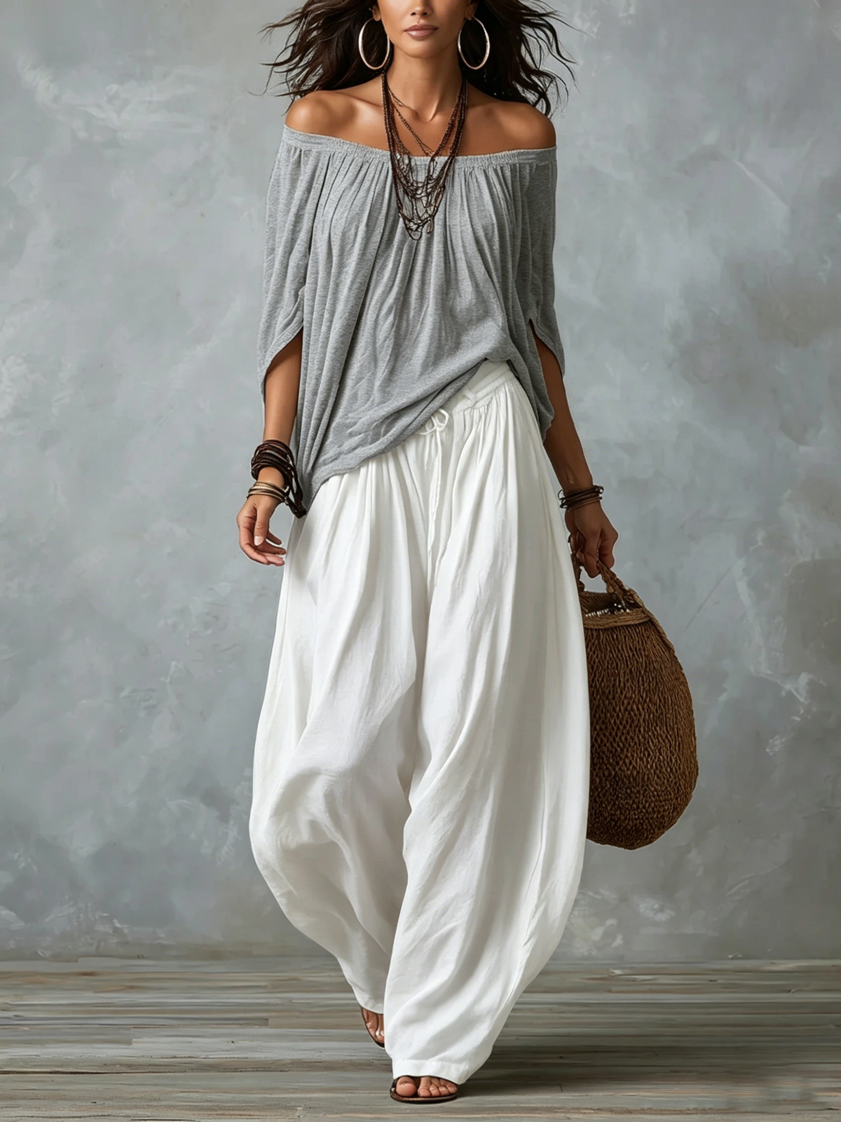 Off Shoulder Top and Wide Leg Pants Two Piece Set
