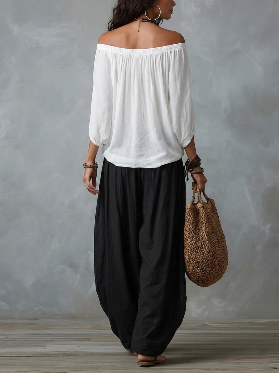 Off Shoulder Top and Wide Leg Pants Two Piece Set