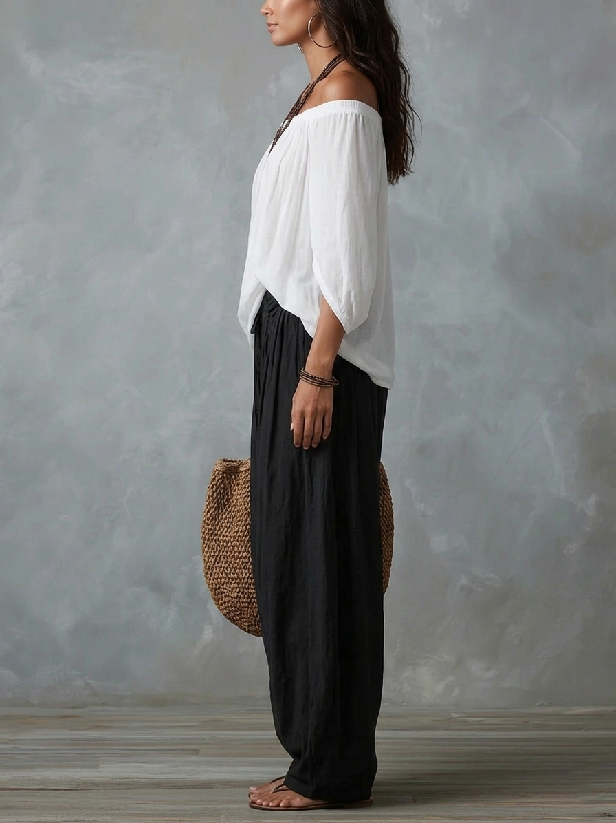 Off Shoulder Top and Wide Leg Pants Two Piece Set