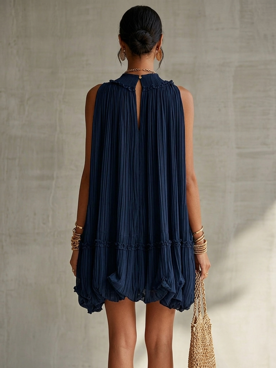 Pleated Mock Neck Sleeveless Bubble Hem Mini Dress